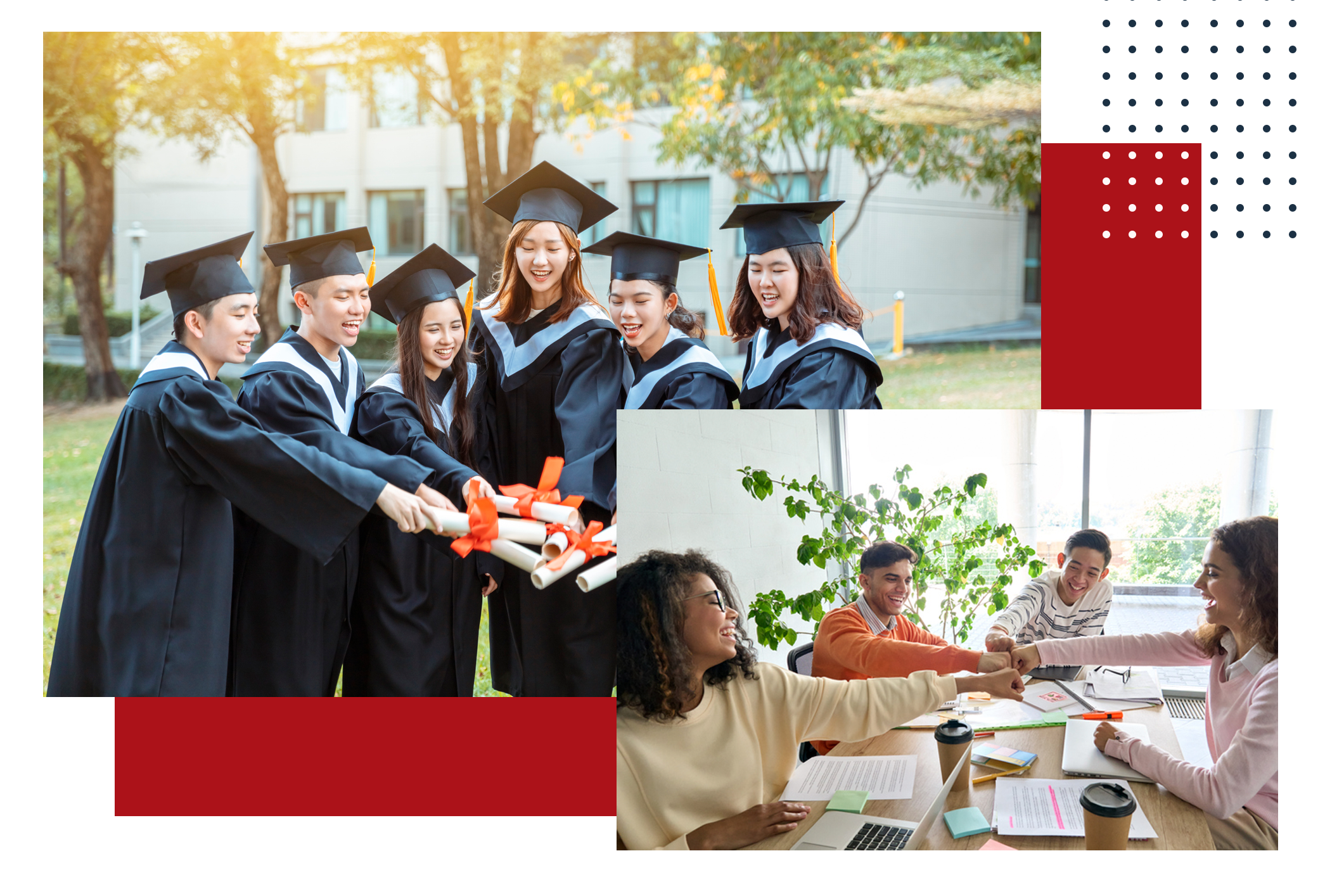 PSC Membership for students. Graduate students in graduation attire holding diploma enjoying success and undergradte students studying in group